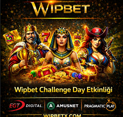 Wipbet Challenge Day etkinliği banner görseli EGT Amusnet Pragmatic Play slot karakterleri ve wipbetgir.com alan adı.